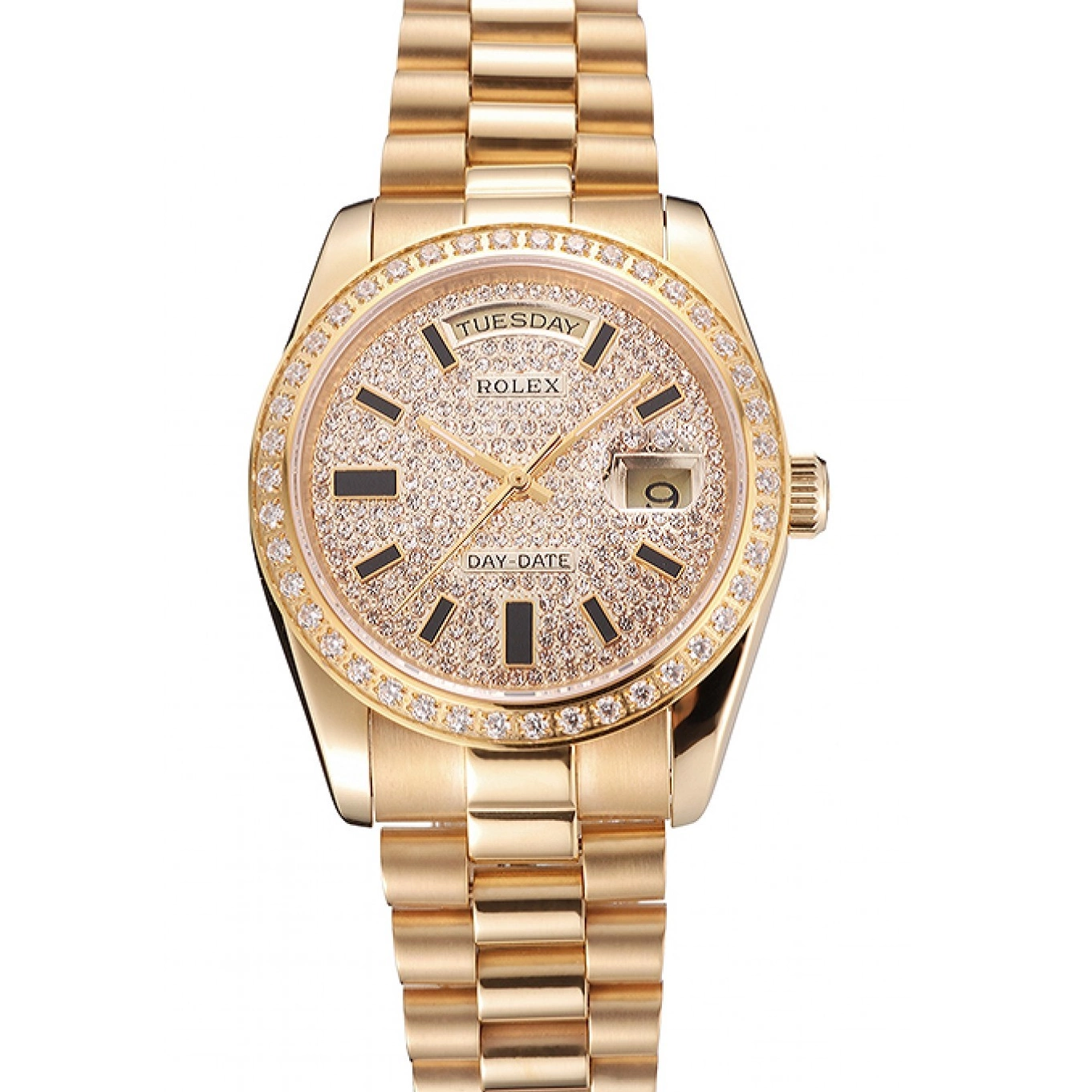 Aaa replica watch Swiss Day Pave Rolex And Case Bezel Gold Bracelet Diamond Date Dial And 0814